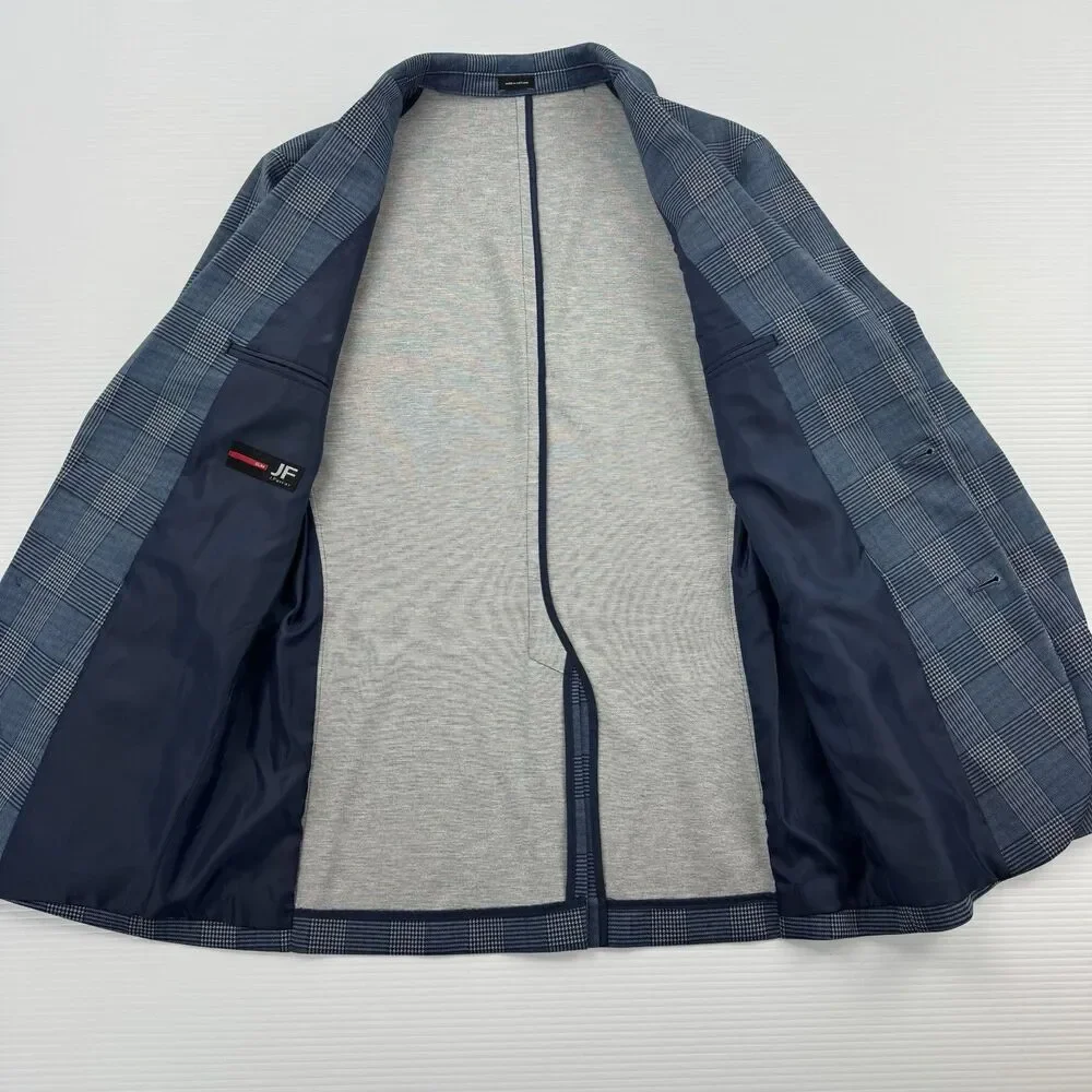 J Ferrar Slim Fit Sport Coat 34R Blue Plaid Windowpane Stretch Blazer Mens